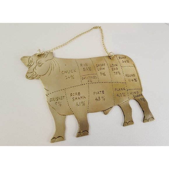 Vintage Brass Butcher Shop Decoration Beef Cuts Sign Plaque 12.5" x 8.25"